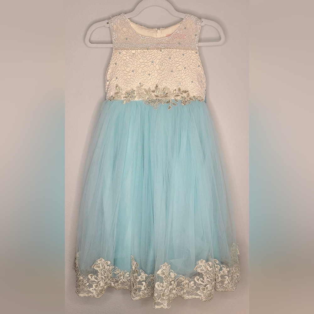 Pink Butterfly - Girl's Beautiful Formal Blue Cream Fancy Dress, Sz 10